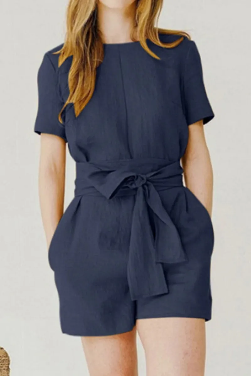 Casual Solid Pocket Frenulum O Neck Regular Jumpsuits