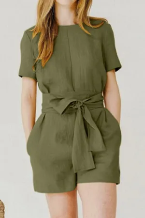 Casual Solid Pocket Frenulum O Neck Regular Jumpsuits