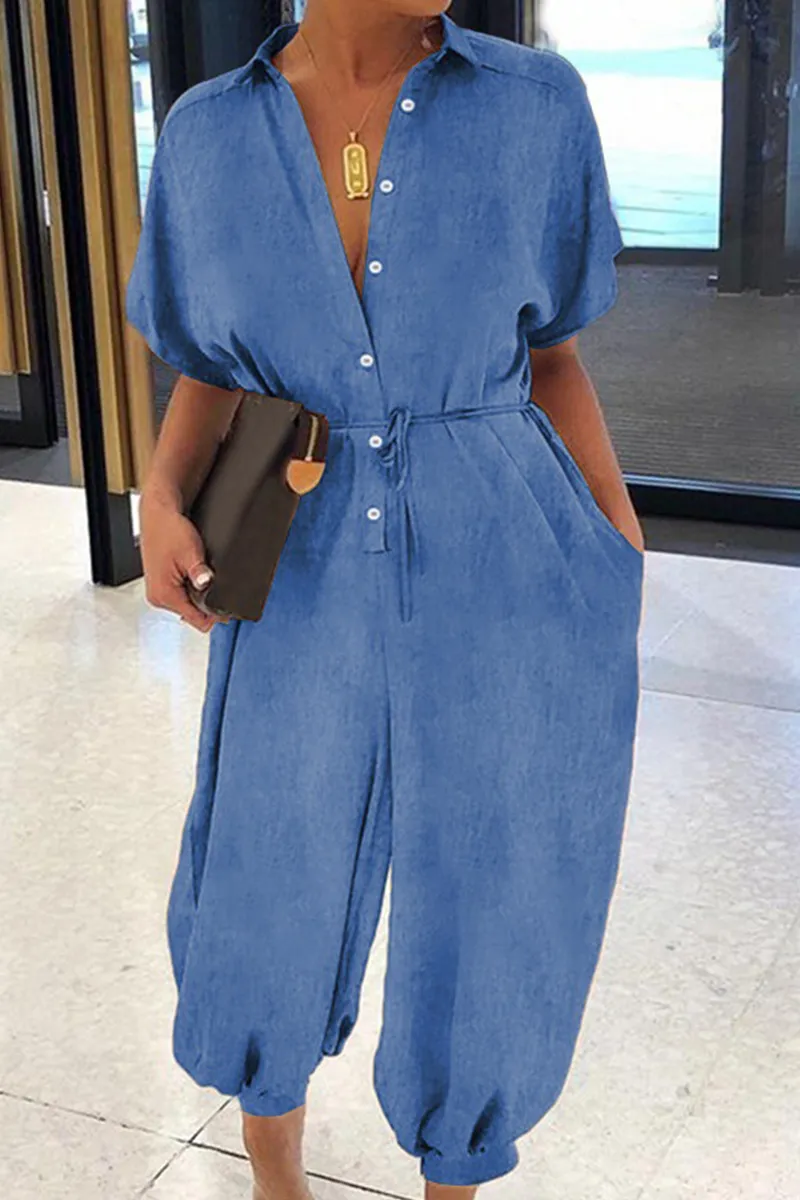 Casual Solid Turndown Collar Harlan Jumpsuits