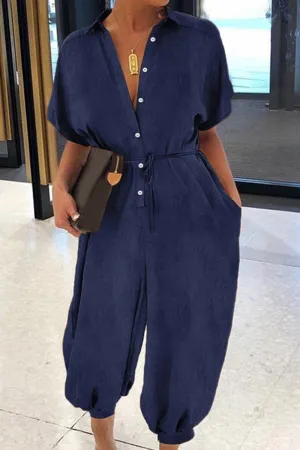 Casual Solid Turndown Collar Harlan Jumpsuits