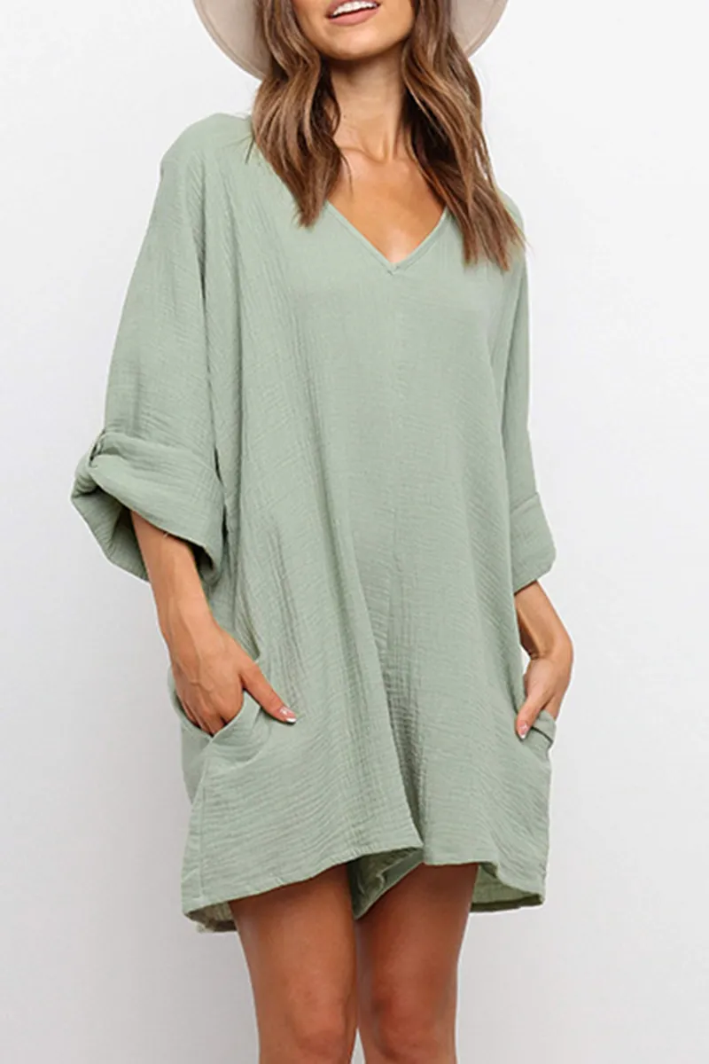 Casual Solid V Neck Straight Jumpsuits