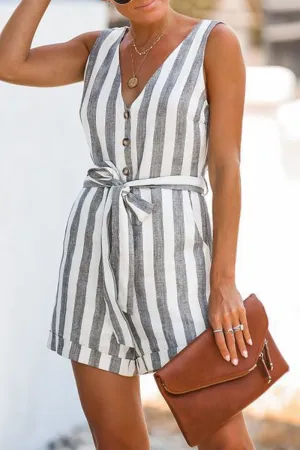 Casual Striped V Neck Straight Jumpsuits