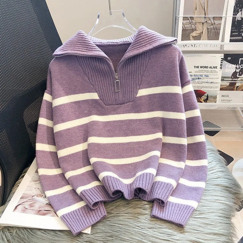Chic Half-Zip Striped Sweater