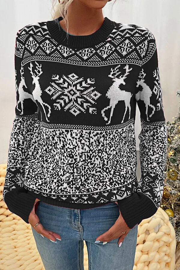 Christmas Knit Round Neck Elk Sweater