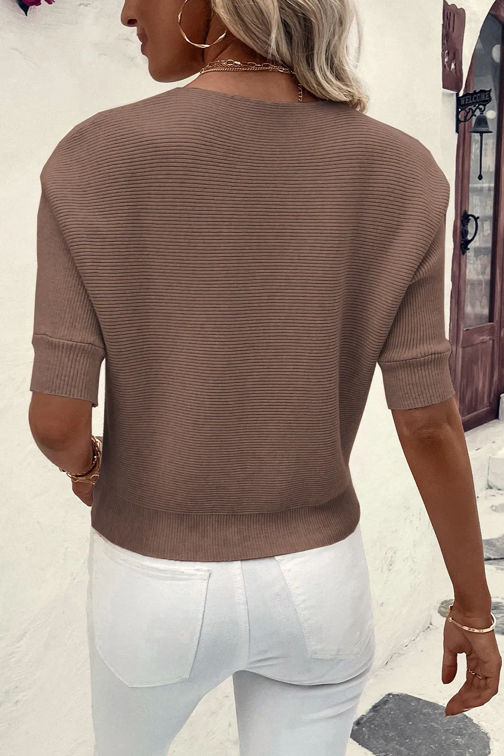Coffee Round Neck Half Sleeve Ribbed Knit Top