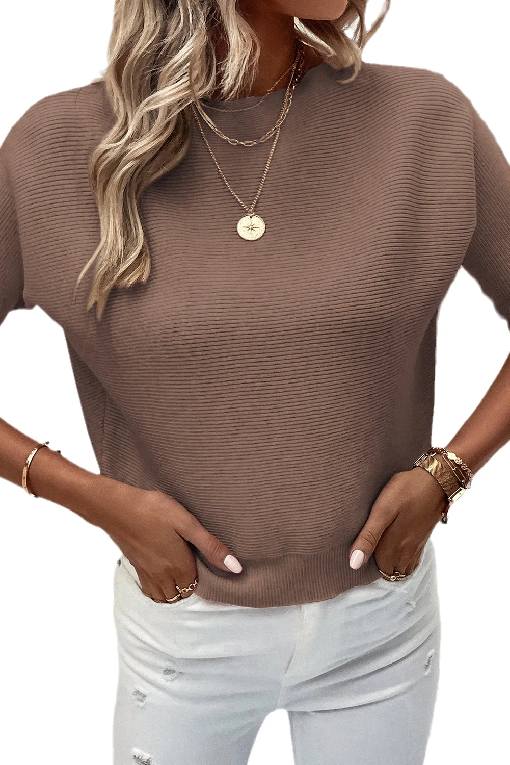 Coffee Round Neck Half Sleeve Ribbed Knit Top