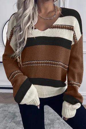 Coffee Striped Pattern Knit V Neck Sweater