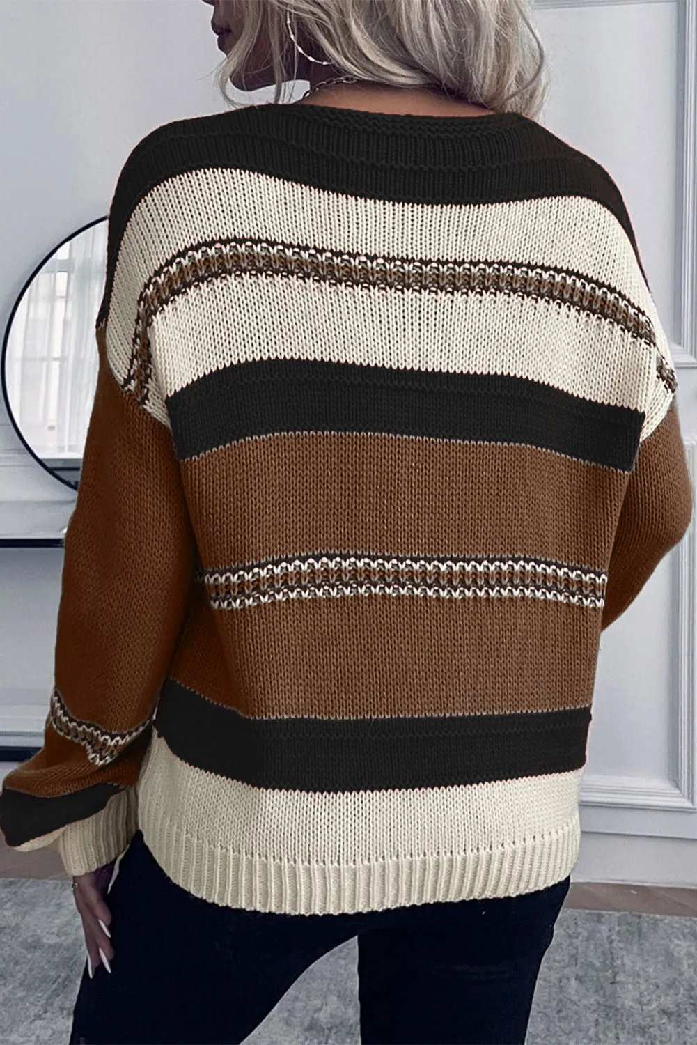 Coffee Striped Pattern Knit V Neck Sweater