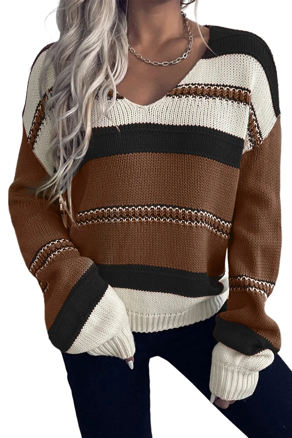 Coffee Striped Pattern Knit V Neck Sweater