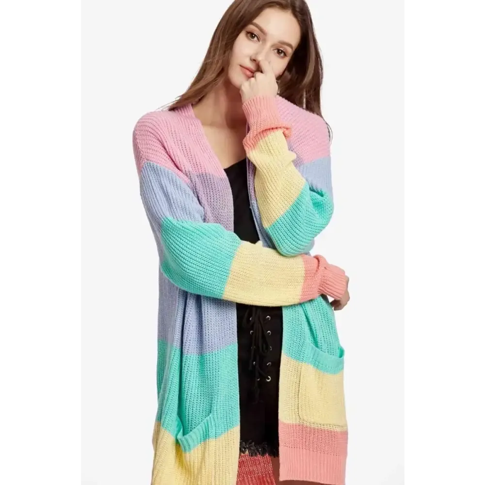 Color Block Kawaii Cardigan with Drop Shoulder Design