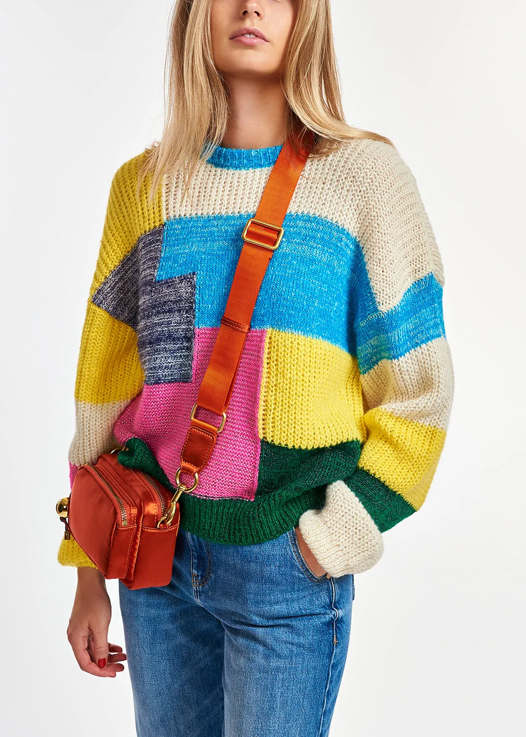 Colorful patchwork knit sweater