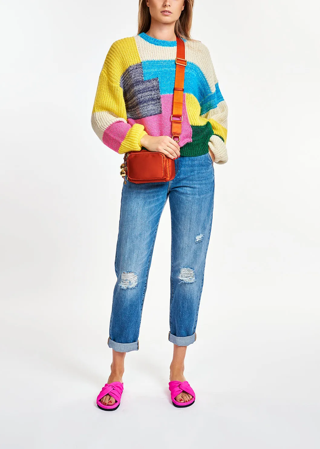 Colorful patchwork knit sweater