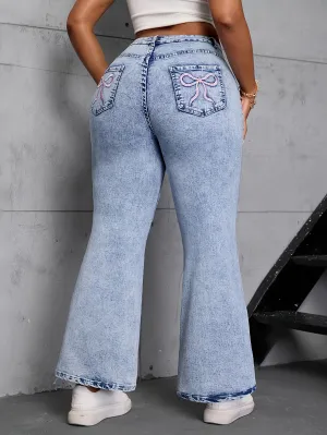 Comfortable Elastic Trumpet Pants – Plus Size Flare Leg with Embroidered Detail