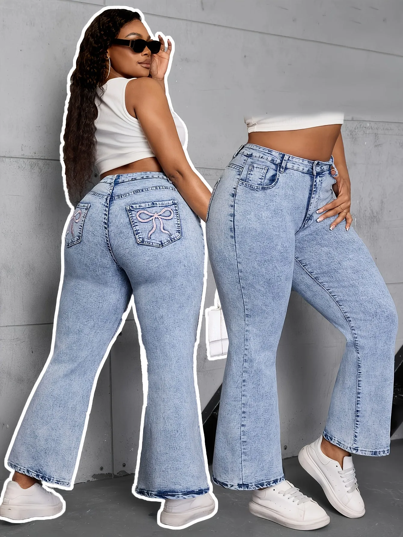 Comfortable Elastic Trumpet Pants – Plus Size Flare Leg with Embroidered Detail