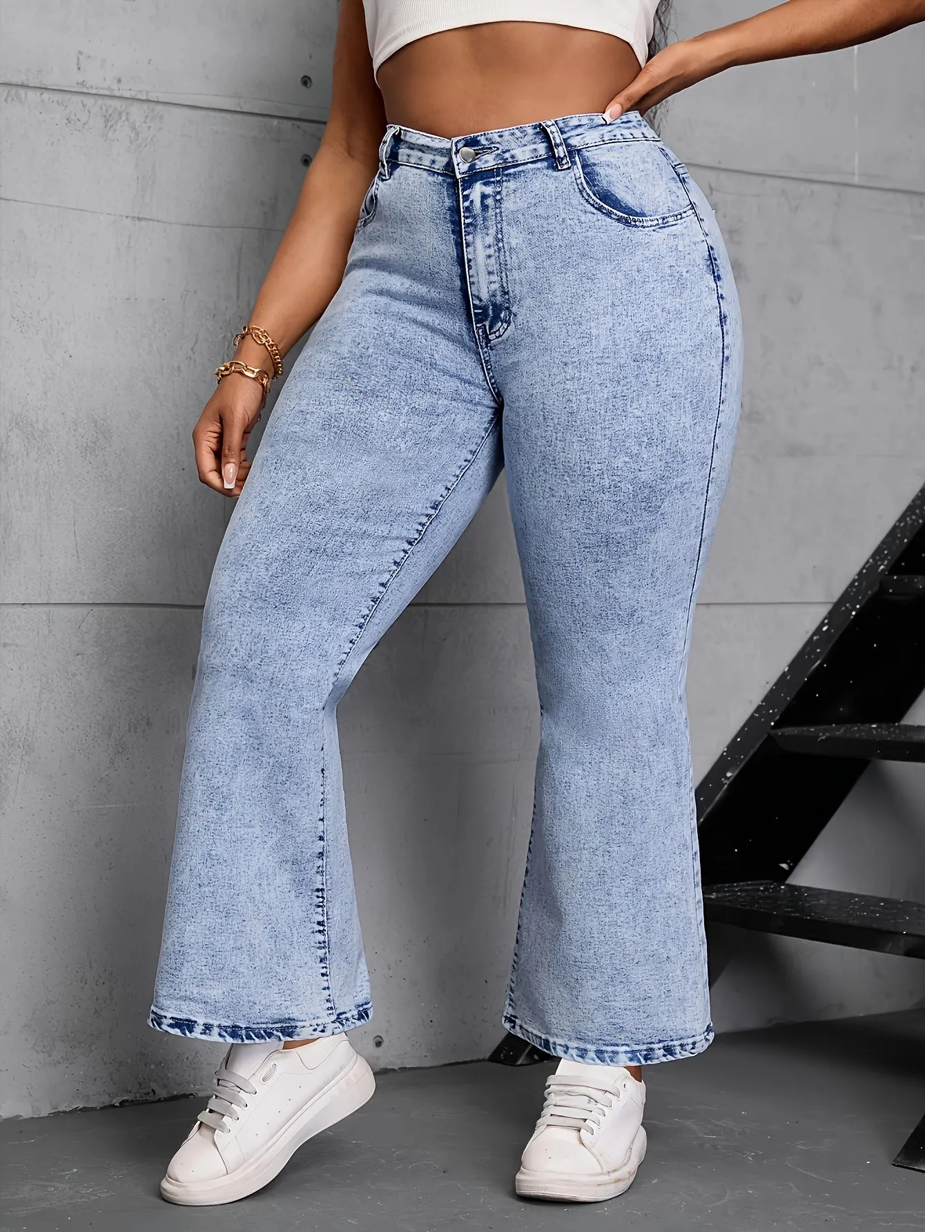 Comfortable Elastic Trumpet Pants – Plus Size Flare Leg with Embroidered Detail