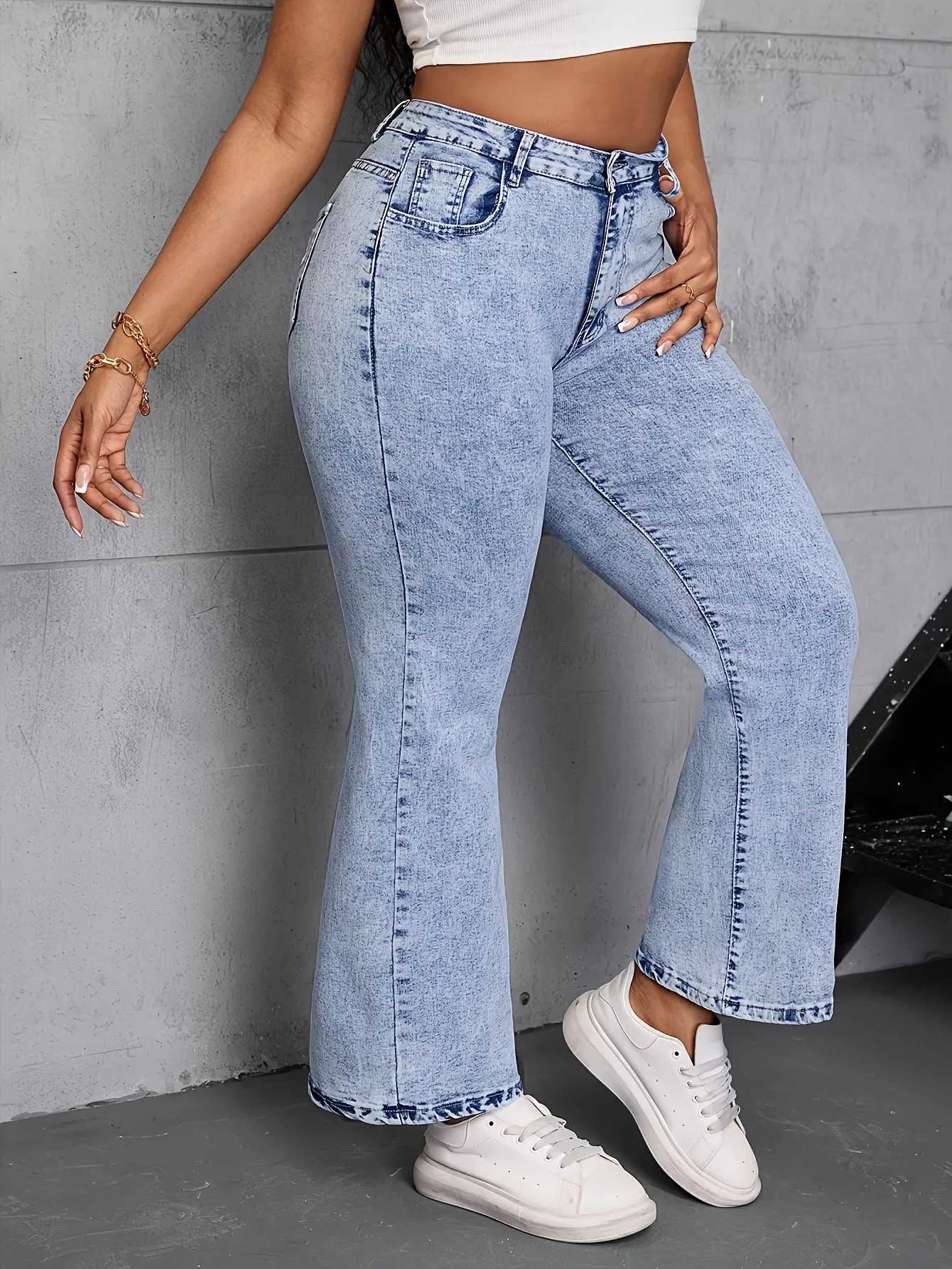 Comfortable Elastic Trumpet Pants – Plus Size Flare Leg with Embroidered Detail