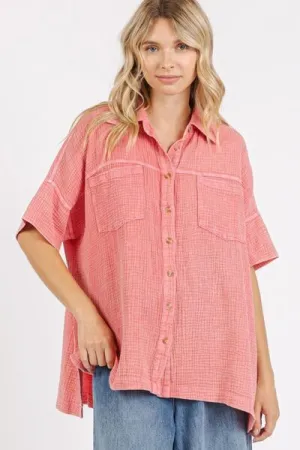 Coral Color Mineral Wash Gauze Oversized Short Sleeve Shirt