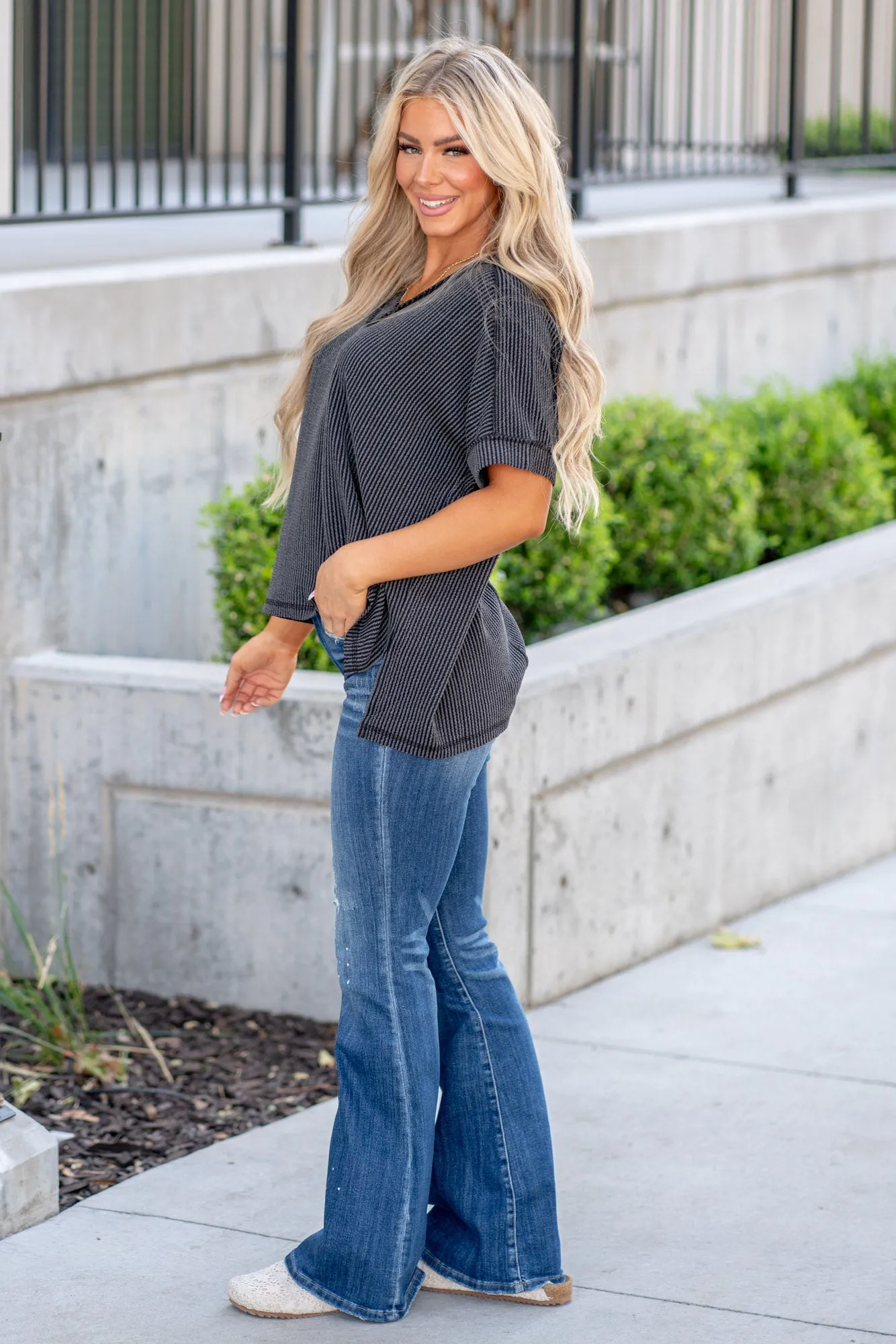 Corded Rib Short Sleeve High-Low T-Shirt