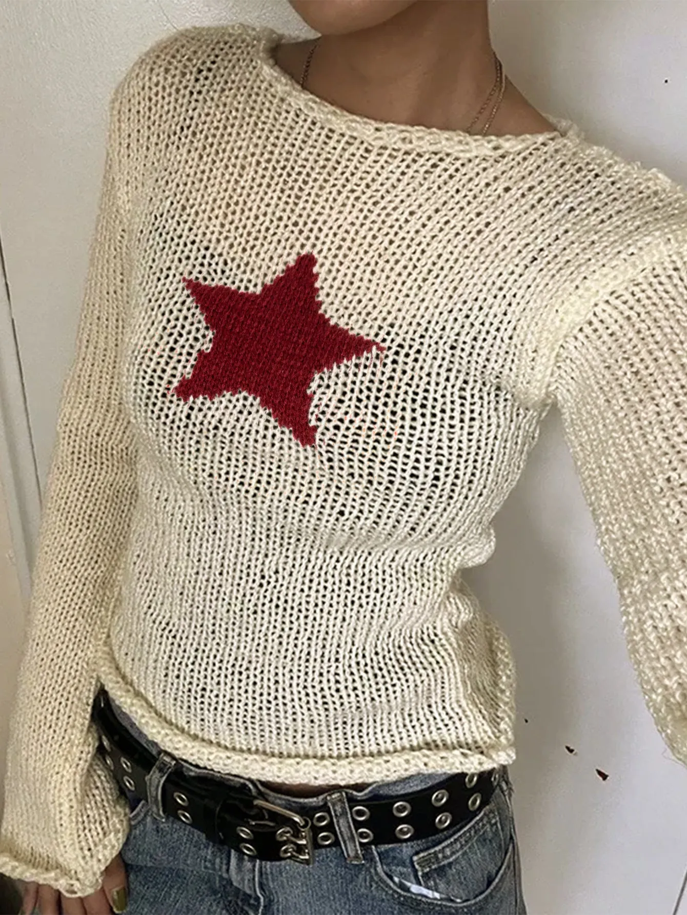 Cream Flat Knit Top With Star Motif