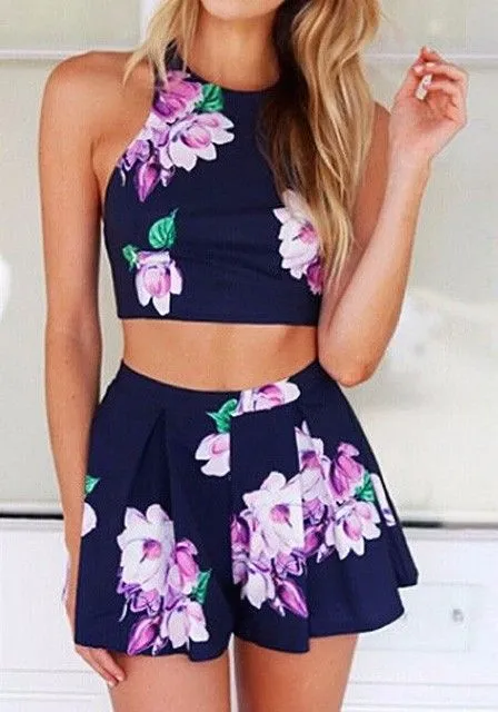 crop top skirt set suit short 2 two piece set womens rompers jumpsuit Playsuit Floral Backless