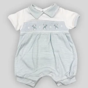 Dandelion Baby Boys Blue & White Romper – Smocked with Bunny Embroidery