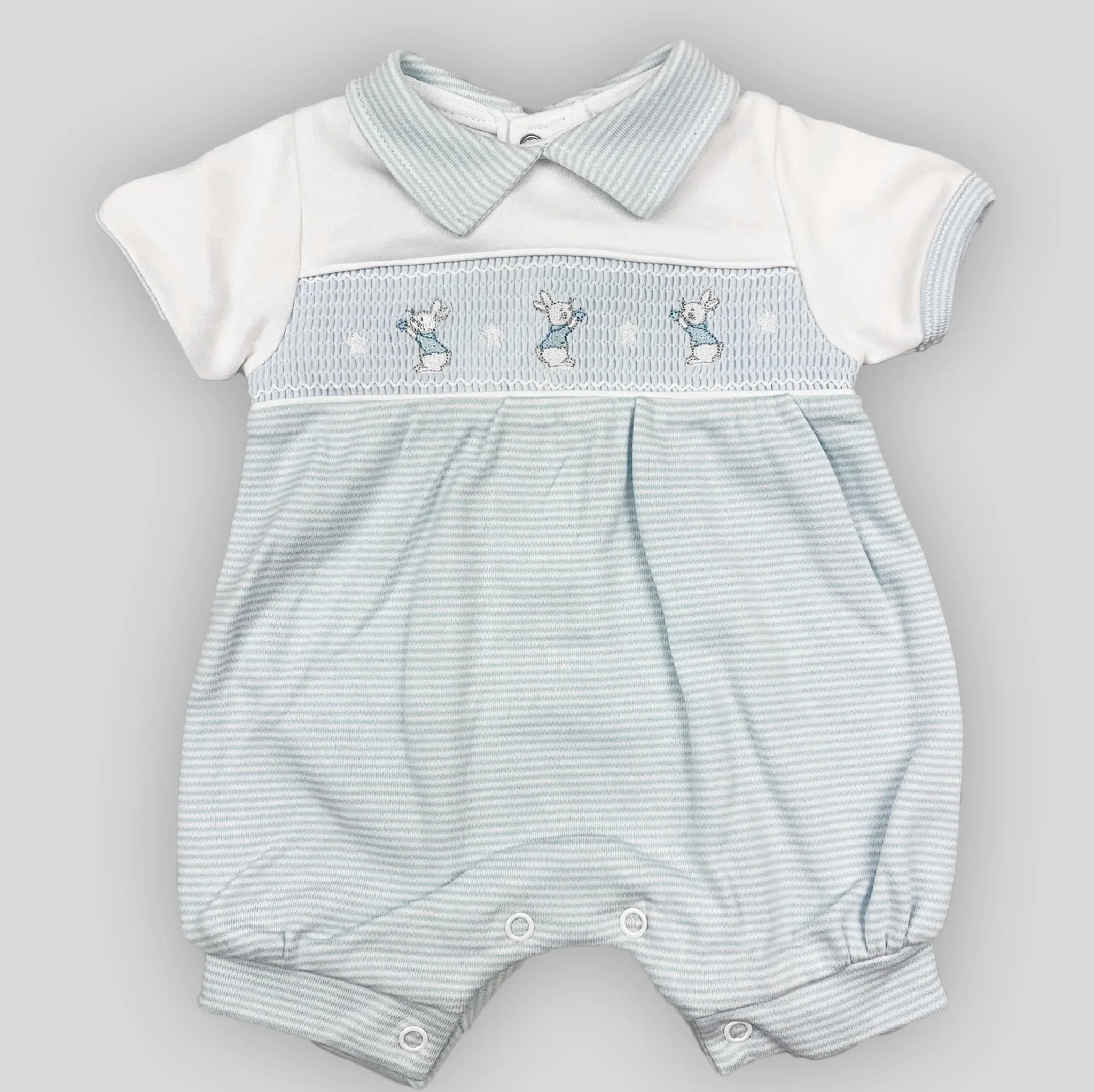 Dandelion Baby Boys Blue & White Romper – Smocked with Bunny Embroidery