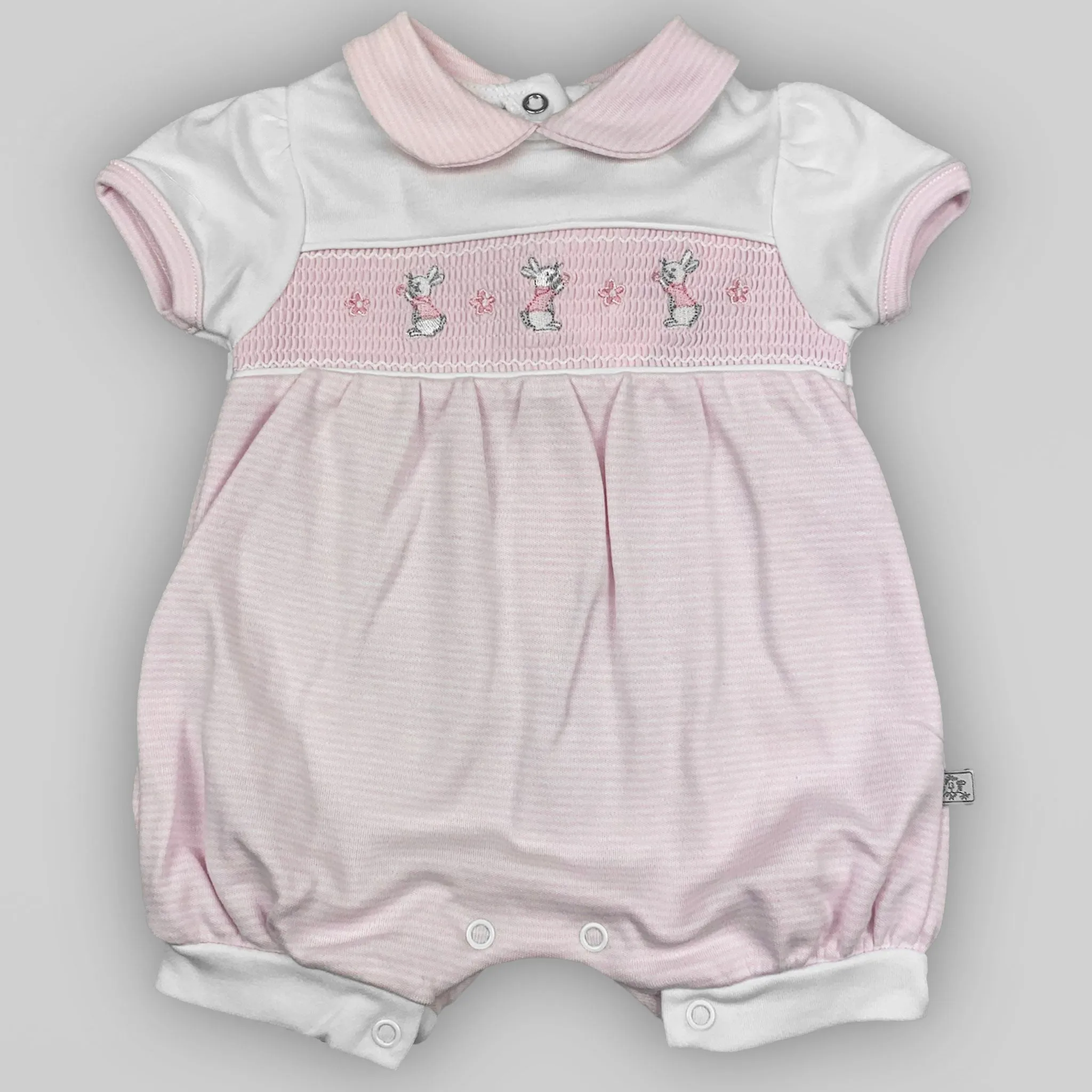 Dandelion Baby Girls Pink & White Romper – Smocked with Bunny Embroidery