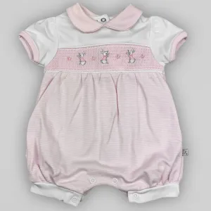 Dandelion Baby Girls Pink & White Romper – Smocked with Bunny Embroidery