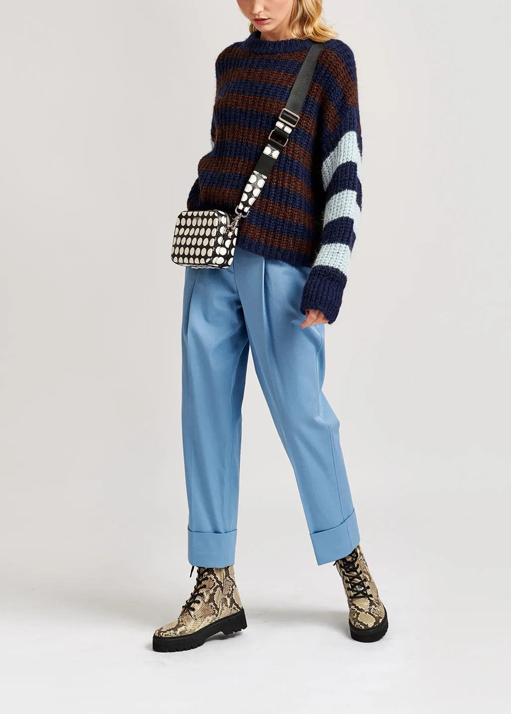 Dark blue, brown and light blue striped ribbed-knit sweater