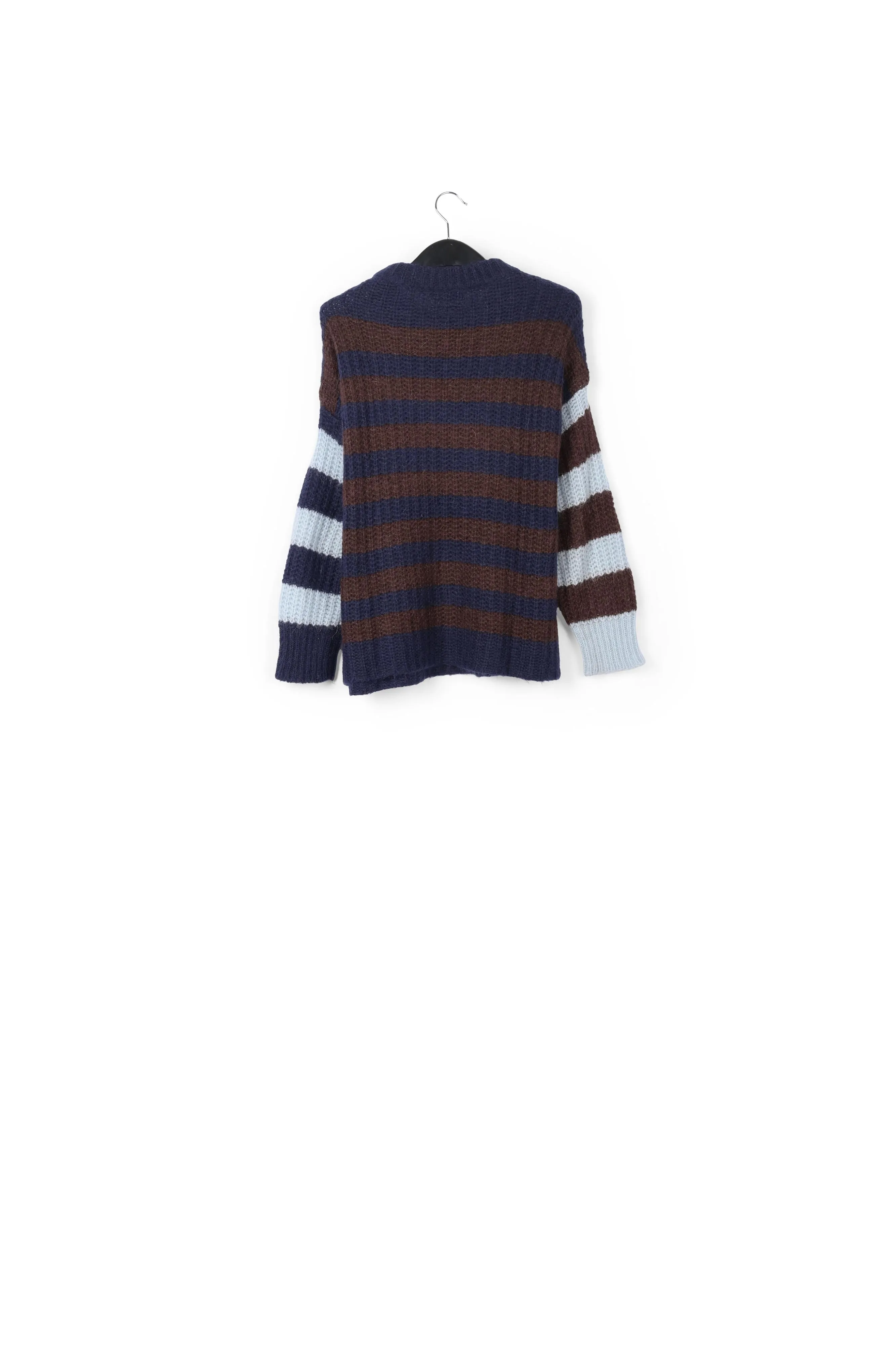 Dark blue, brown and light blue striped ribbed-knit sweater