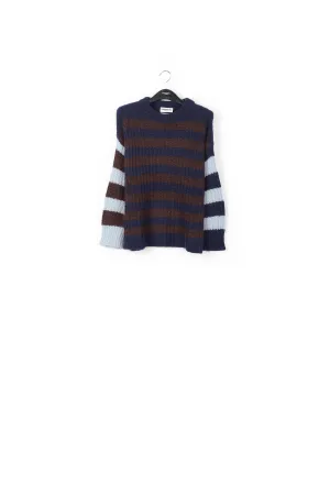 Dark blue, brown and light blue striped ribbed-knit sweater