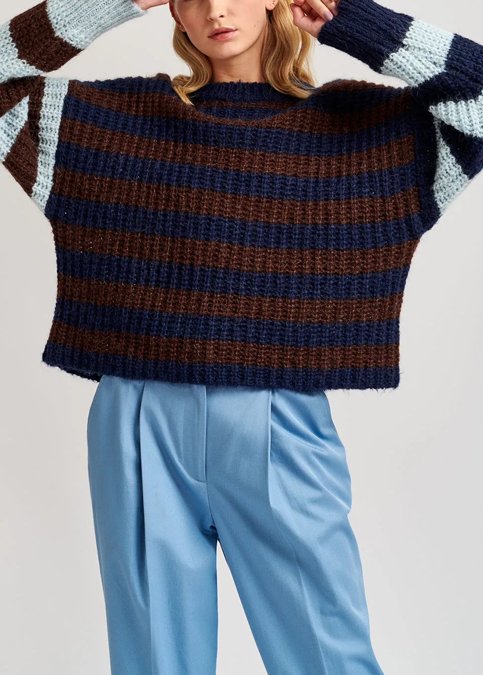 Dark blue, brown and light blue striped ribbed-knit sweater