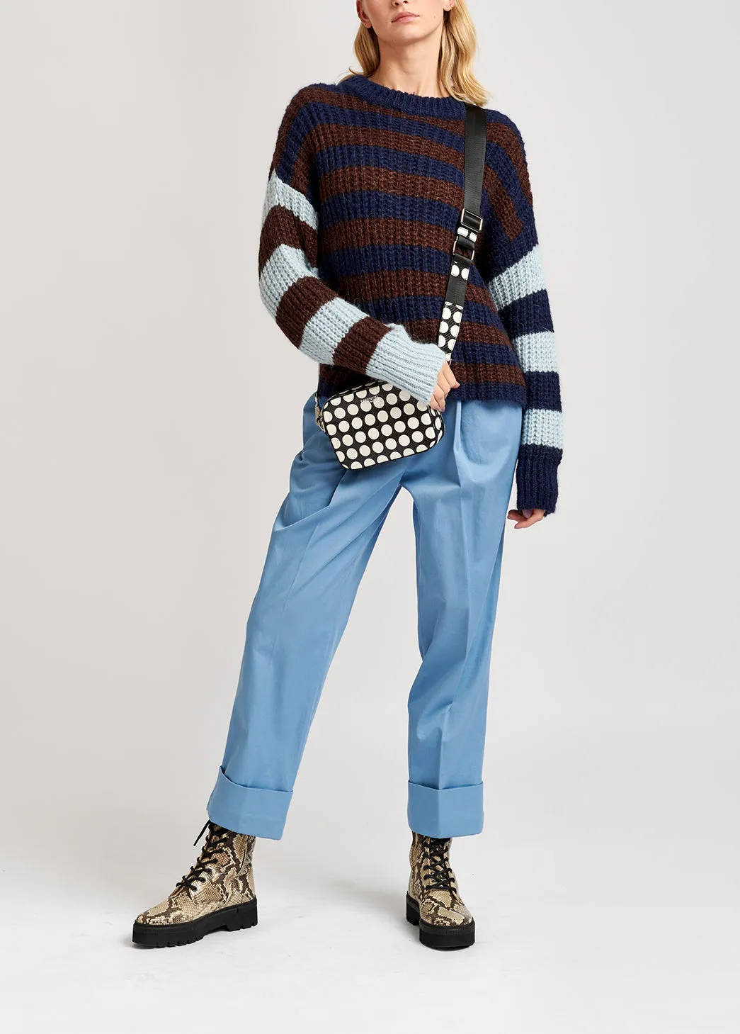 Dark blue, brown and light blue striped ribbed-knit sweater