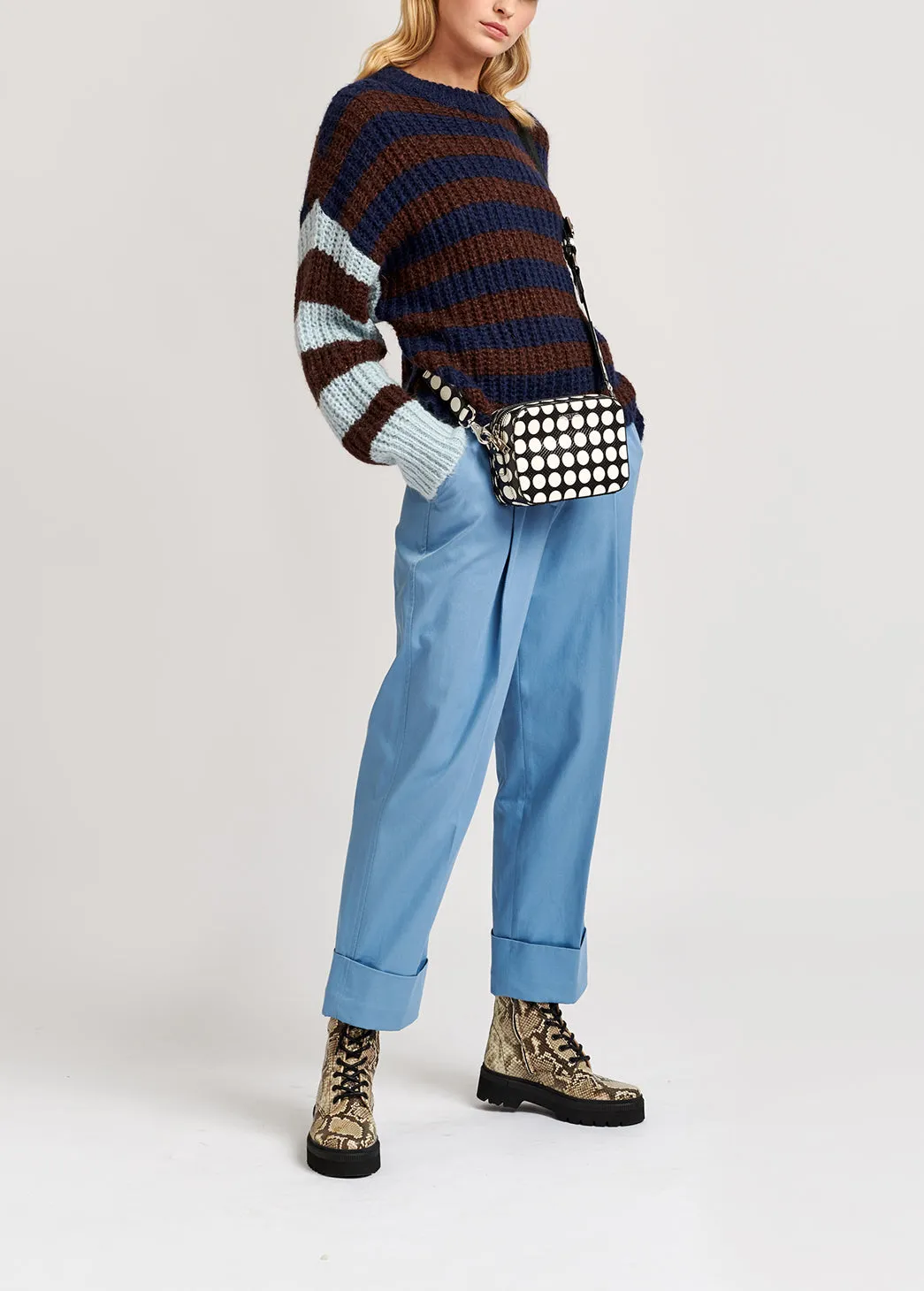 Dark blue, brown and light blue striped ribbed-knit sweater