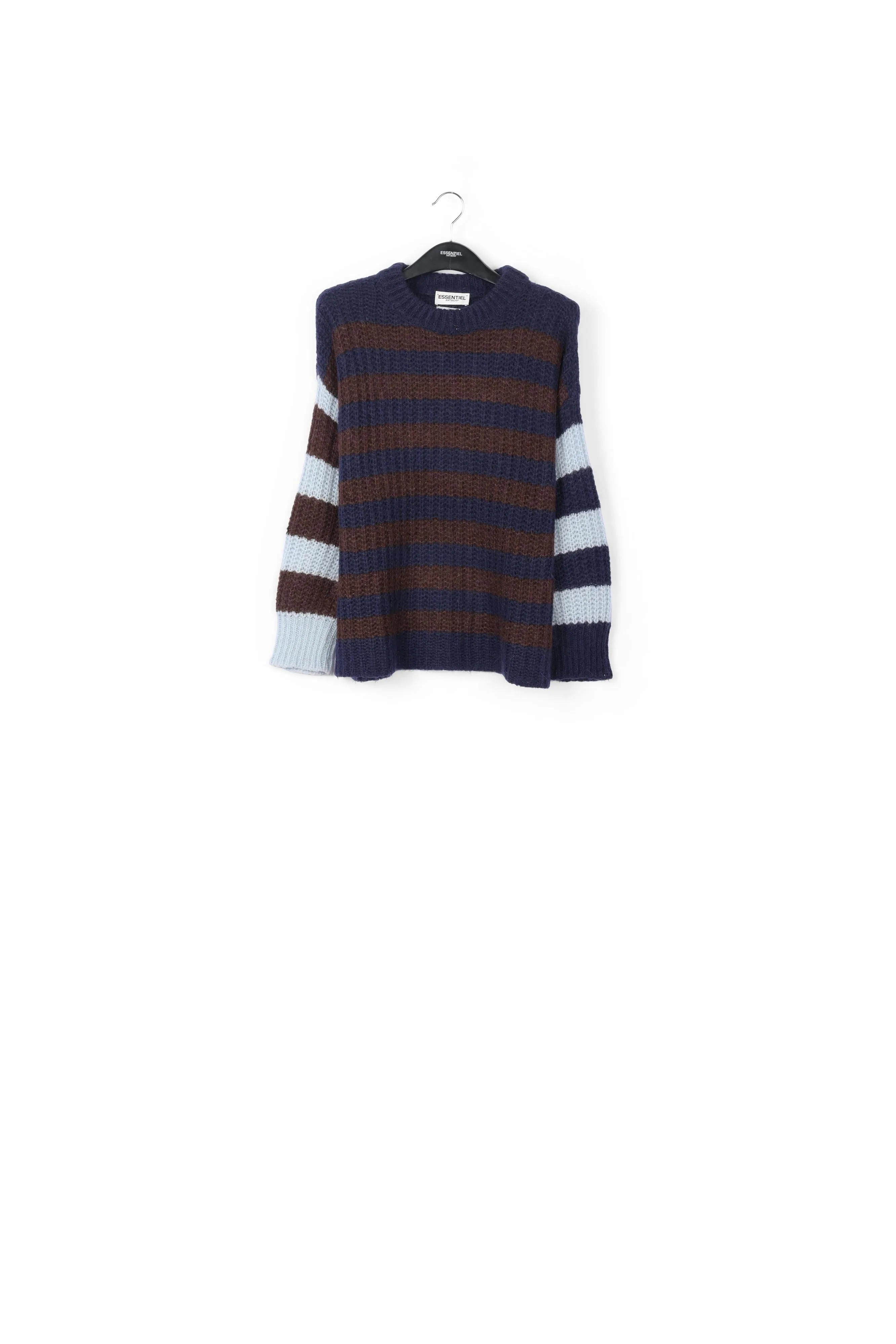Dark blue, brown and light blue striped ribbed-knit sweater