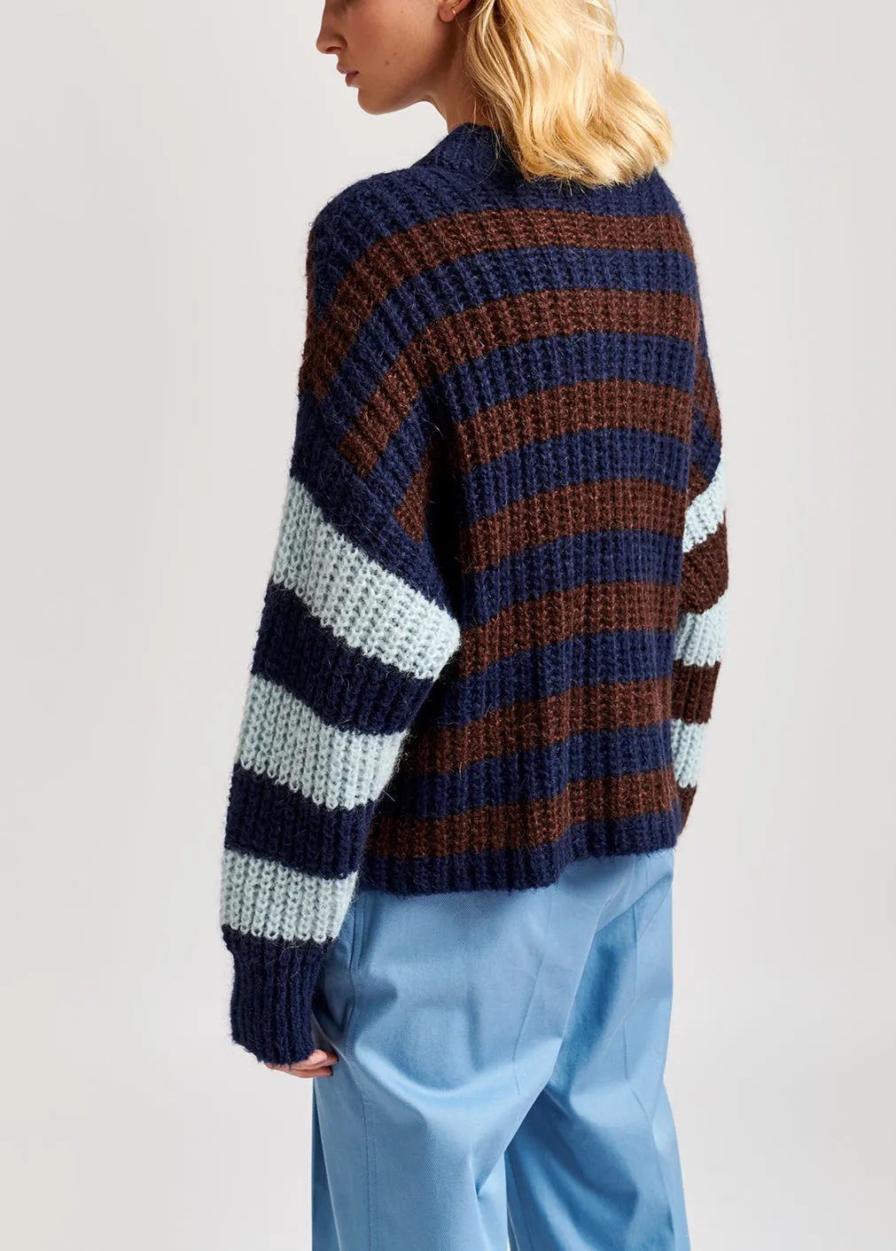Dark blue, brown and light blue striped ribbed-knit sweater