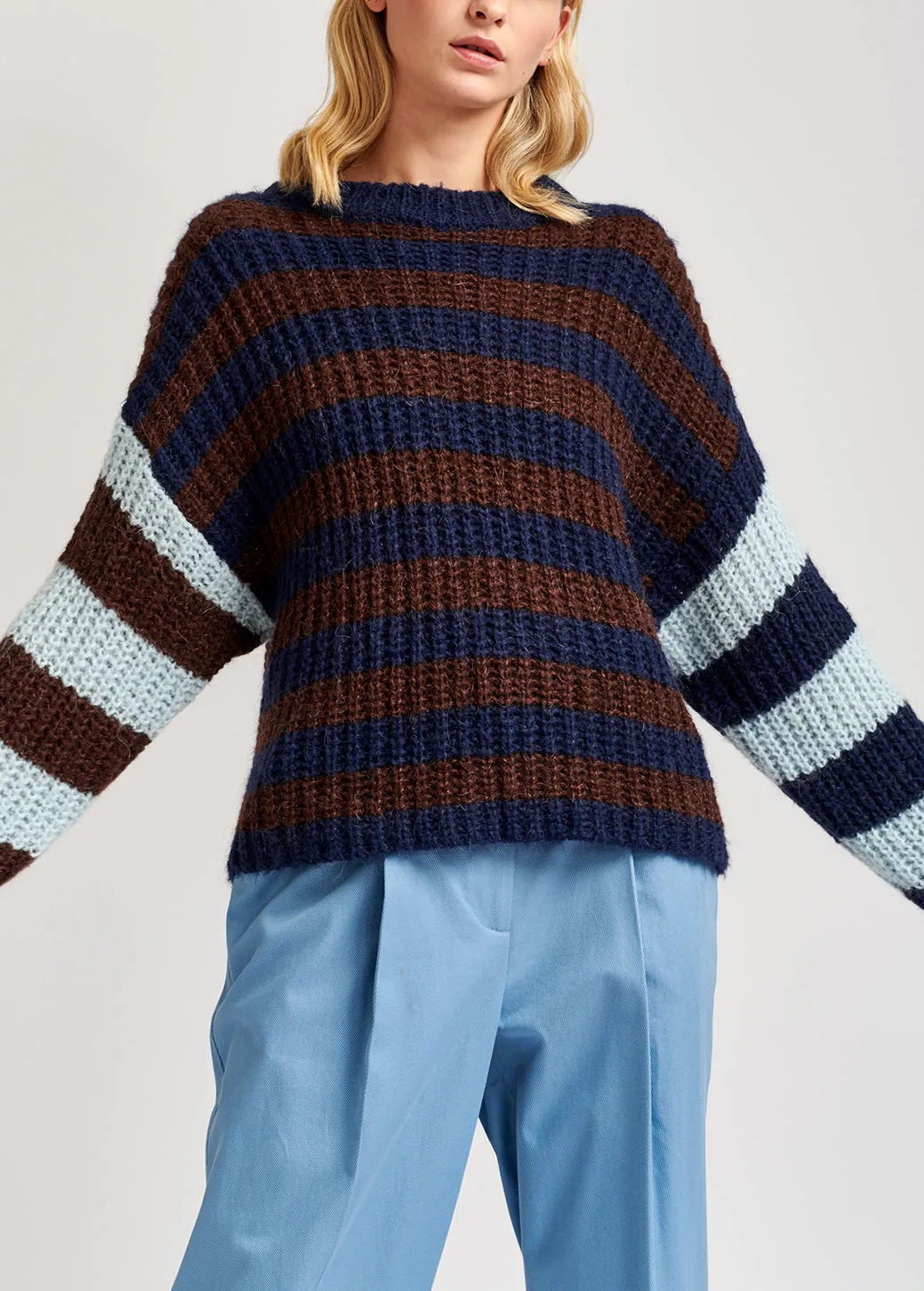 Dark blue, brown and light blue striped ribbed-knit sweater