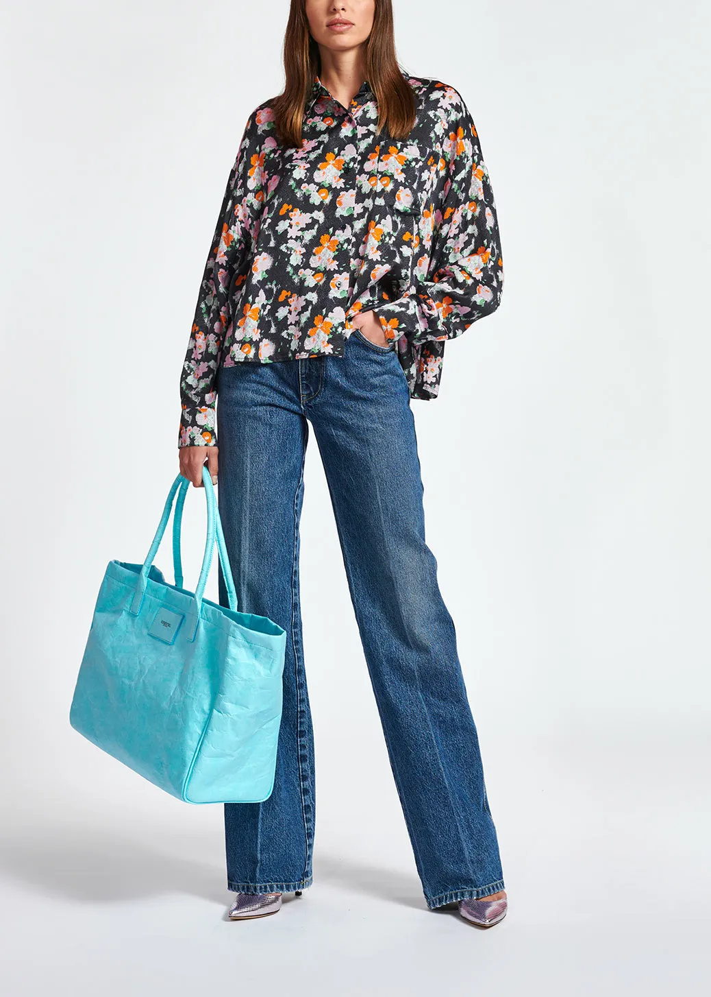 Dark blue loose-fit floral shirt