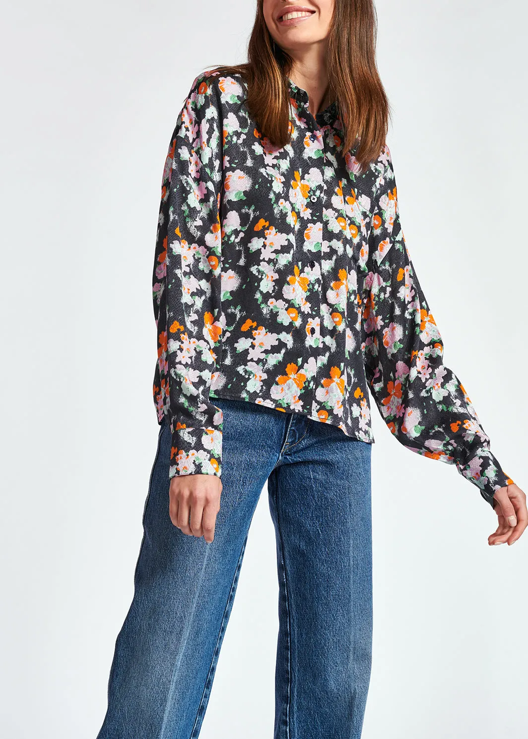 Dark blue loose-fit floral shirt
