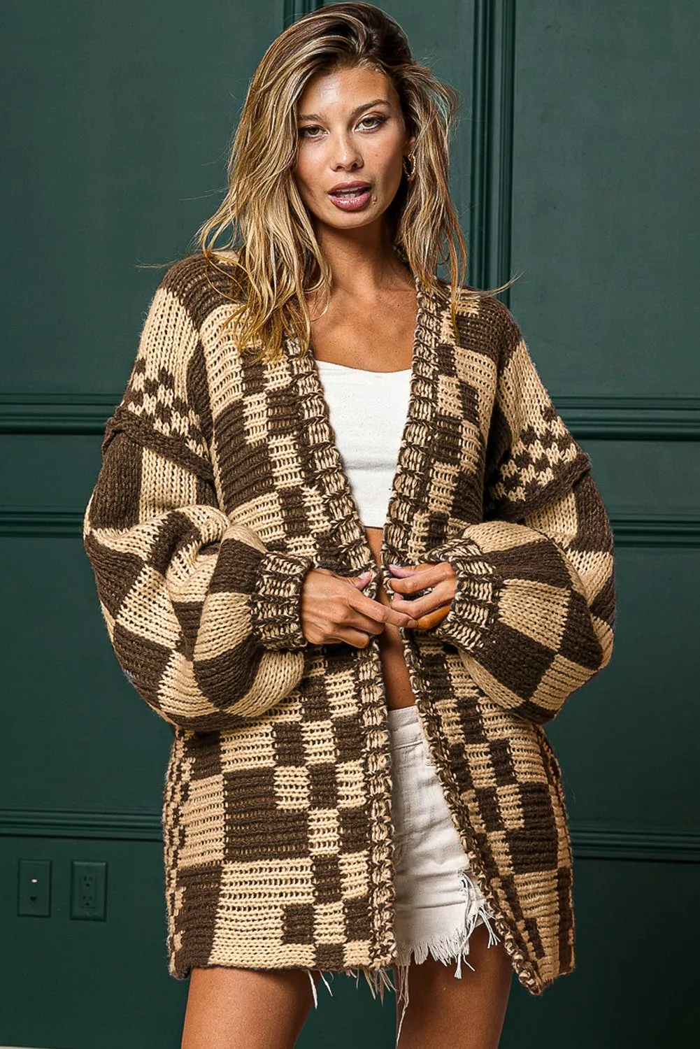 Dark Brown Open Front Mixed Checkered Pattern Knit Cardigan
