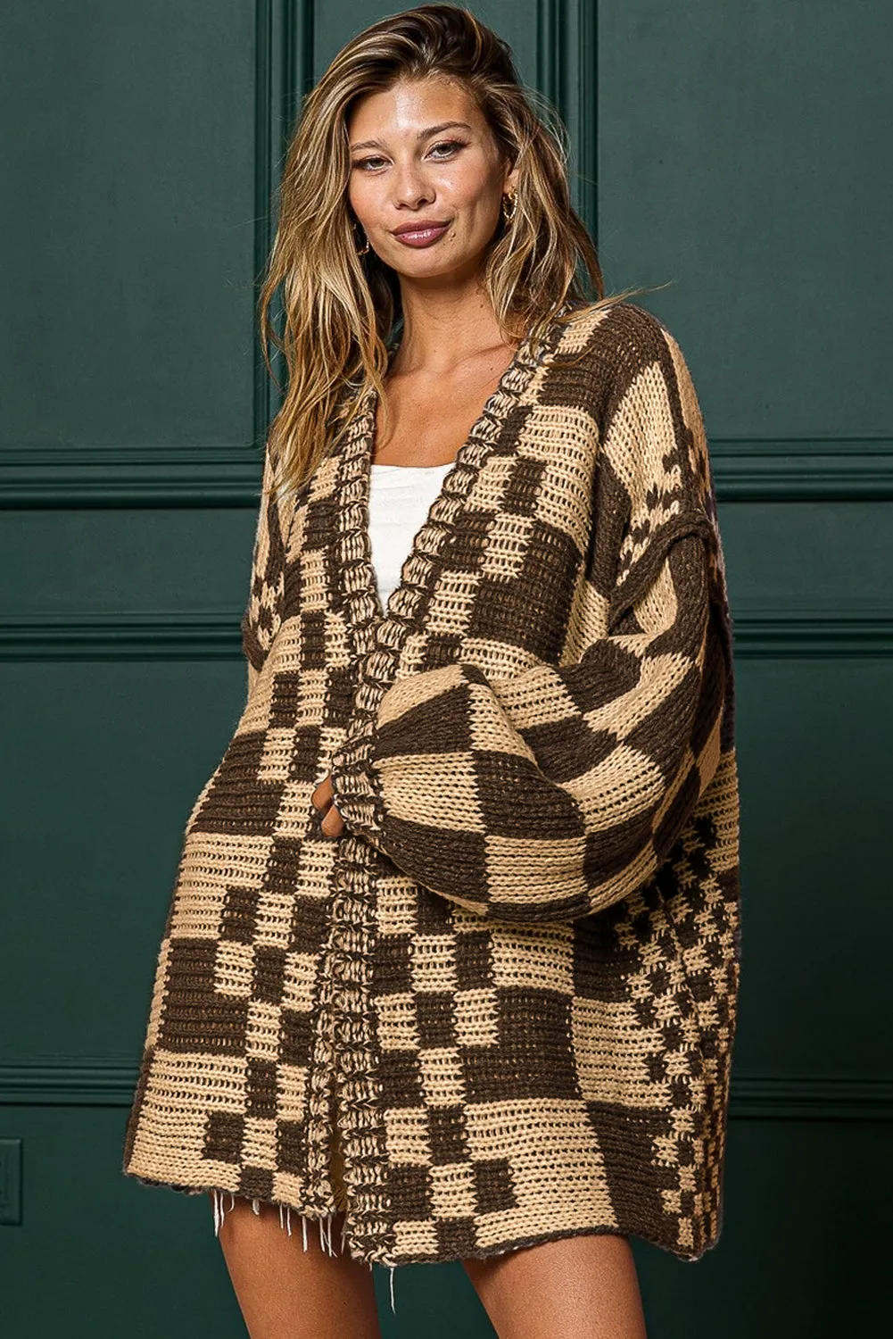 Dark Brown Open Front Mixed Checkered Pattern Knit Cardigan