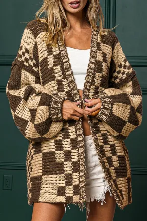 Dark Brown Open Front Mixed Checkered Pattern Knit Cardigan