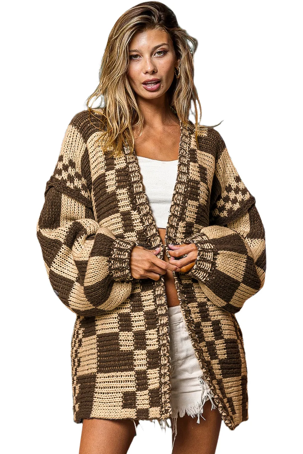 Dark Brown Open Front Mixed Checkered Pattern Knit Cardigan