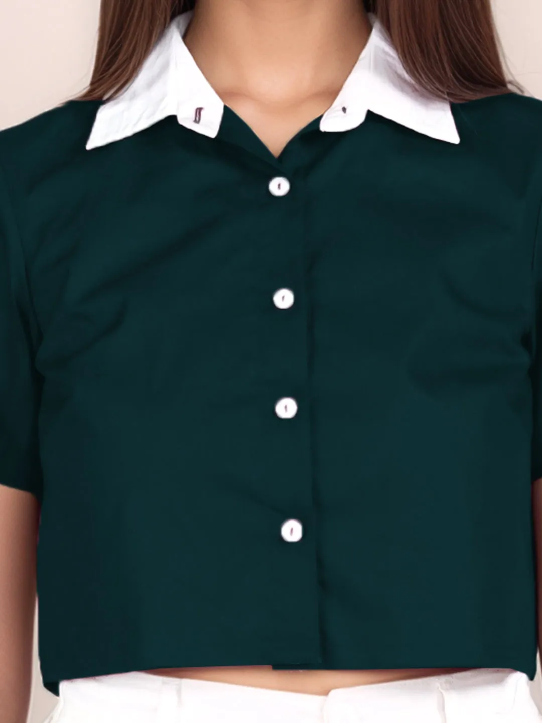 Dark Green Solid Short Sleeves Shirt