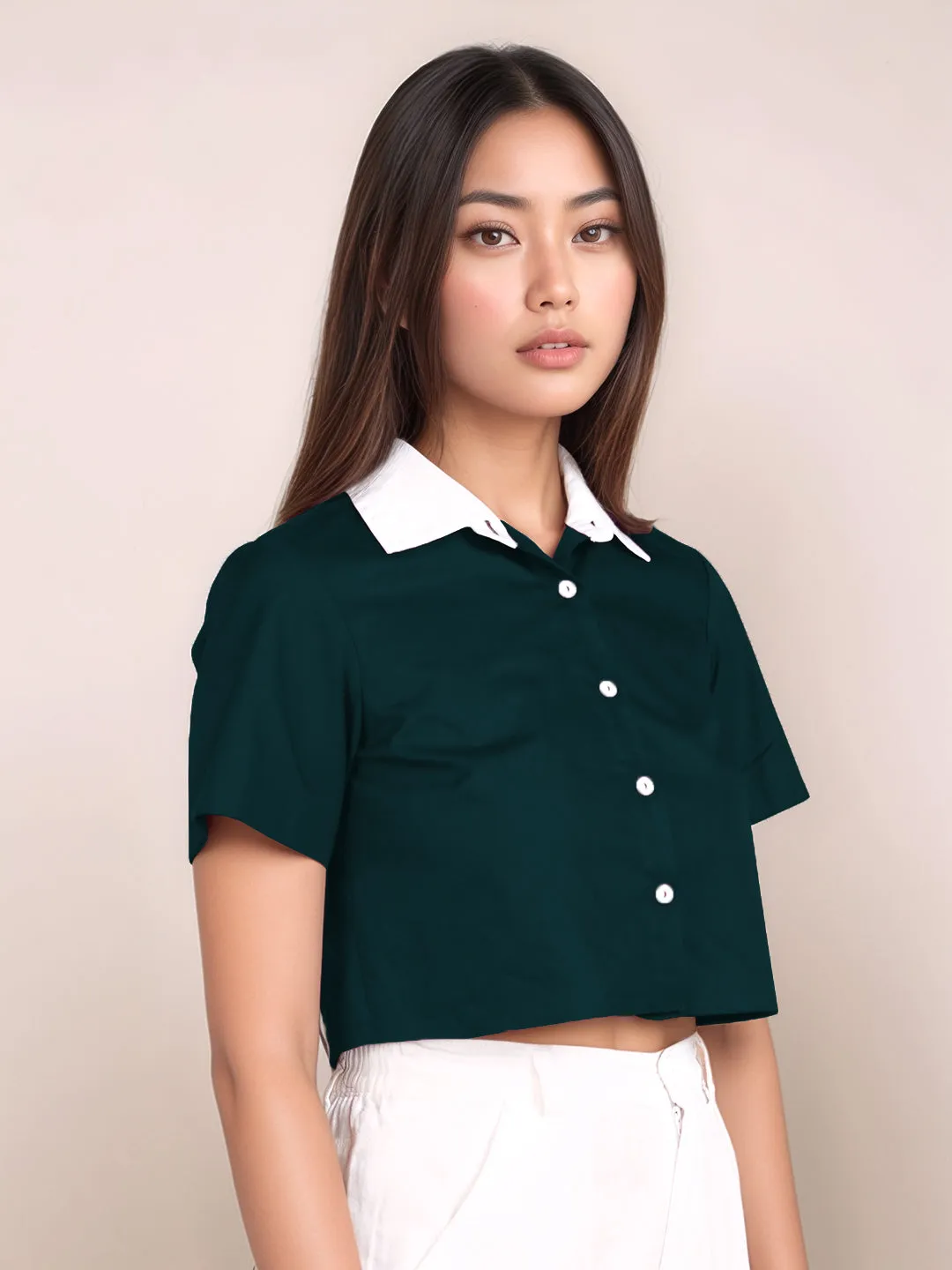 Dark Green Solid Short Sleeves Shirt