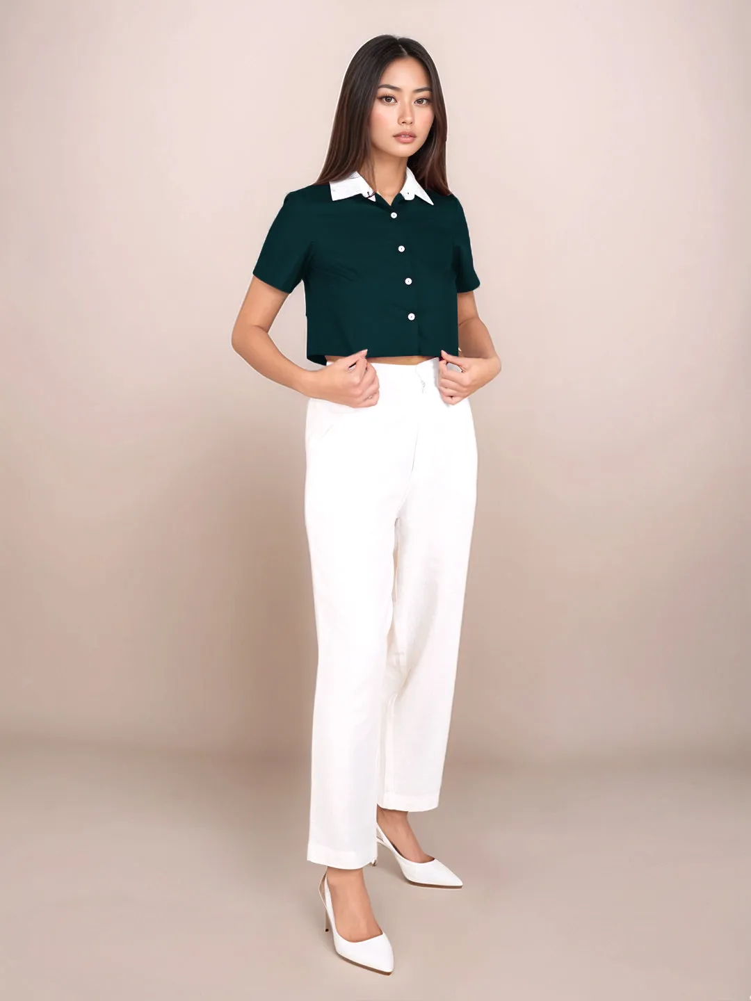 Dark Green Solid Short Sleeves Shirt
