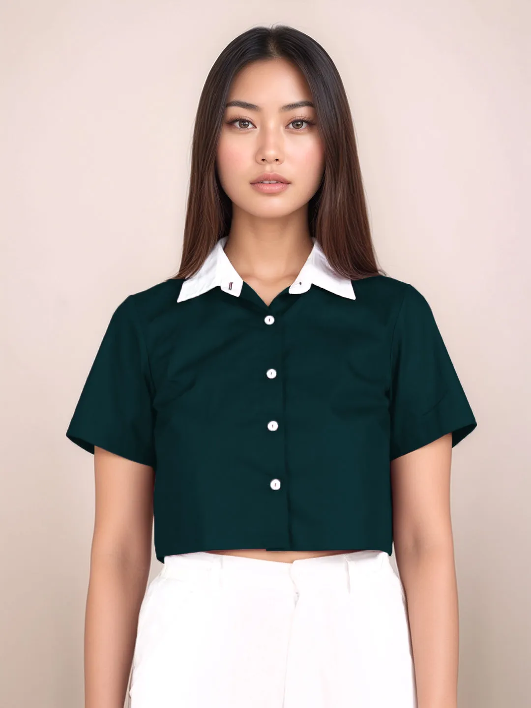 Dark Green Solid Short Sleeves Shirt