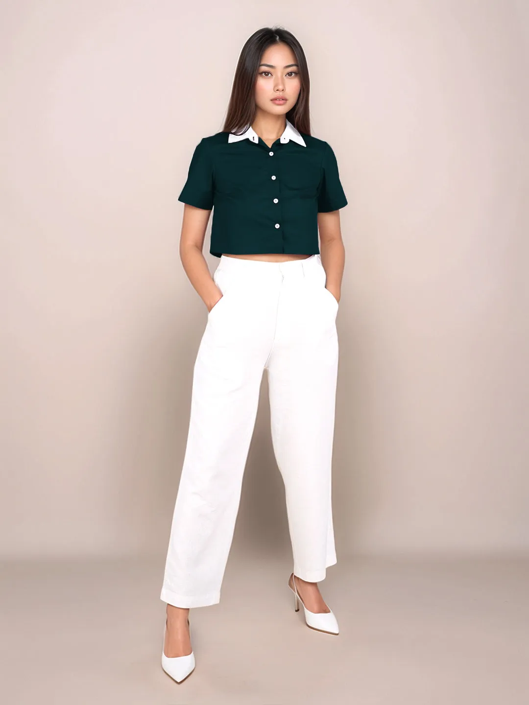 Dark Green Solid Short Sleeves Shirt