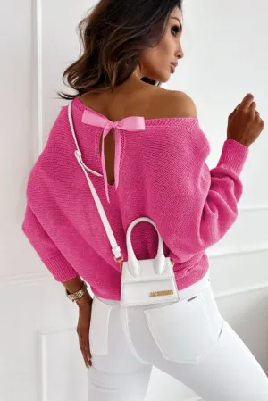 Dark Pink Ribbon Bow Knot Dolman Sleeve Sweater