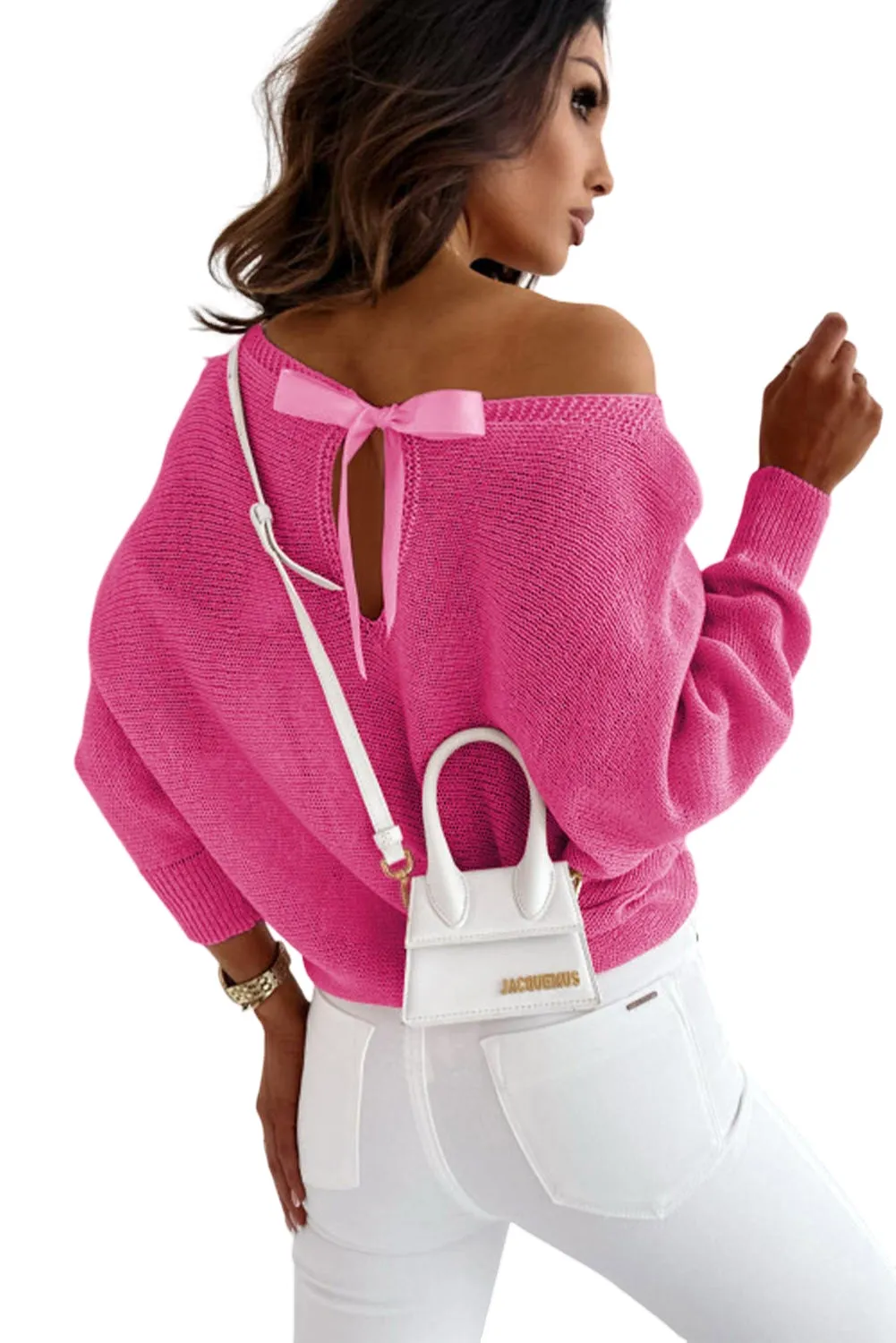 Dark Pink Ribbon Bow Knot Dolman Sleeve Sweater